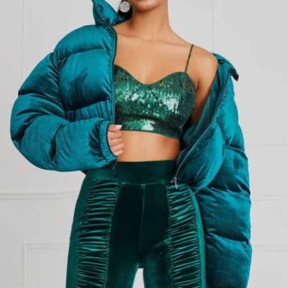 POCKETED VELVET PUFFER JACKET - EMERALD GREEN - Picture 2 of 5